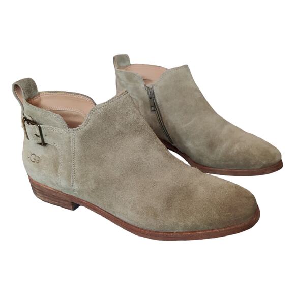 UGG Shoes - UGG Australia Kelsea Suede Leather Ankle Bootie Beige Tan Side Zip Buckle Sz 10